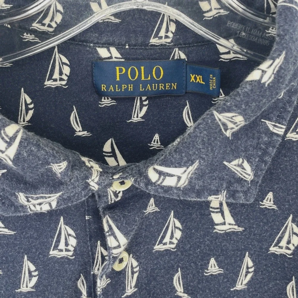 Polo Ralph Lauren Mens XXL‎ Heather Blue Sailboat Print Short Sleeve Polo Shirt